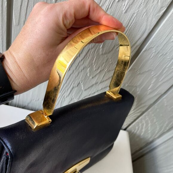 VTG 50s 60s Korent Navy Genuine Leather Top Handle Bag Gold Hardware Red Lining - Picture 5 of 14